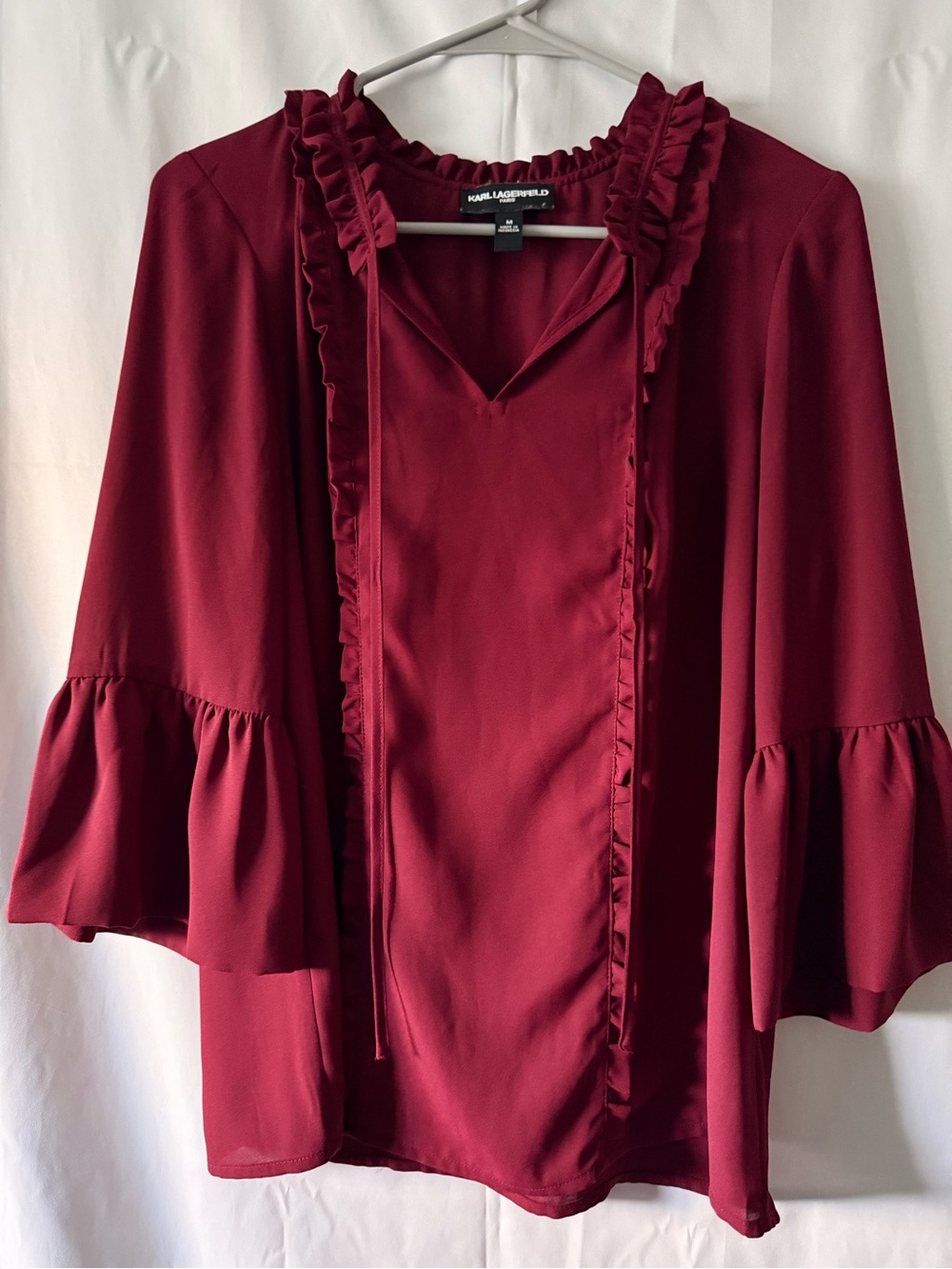 Karl Lagerfeld Burgundy Ruffle-Trim Peasant Blouse